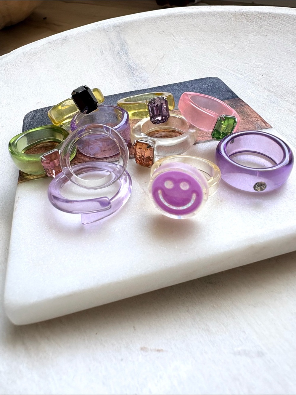 Y2k Colorful Resin Rings Set - Pastel Purple, Pink, Green, Yellow, Clear